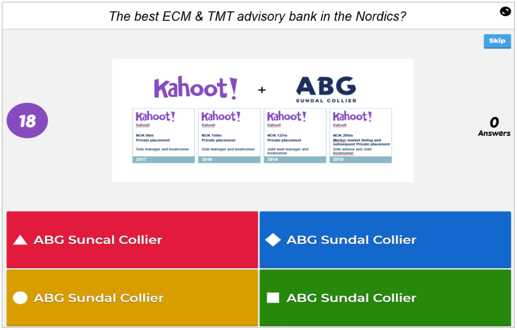 ABGSC acted as sole advisor in relation to the listing of Kahoot! on
